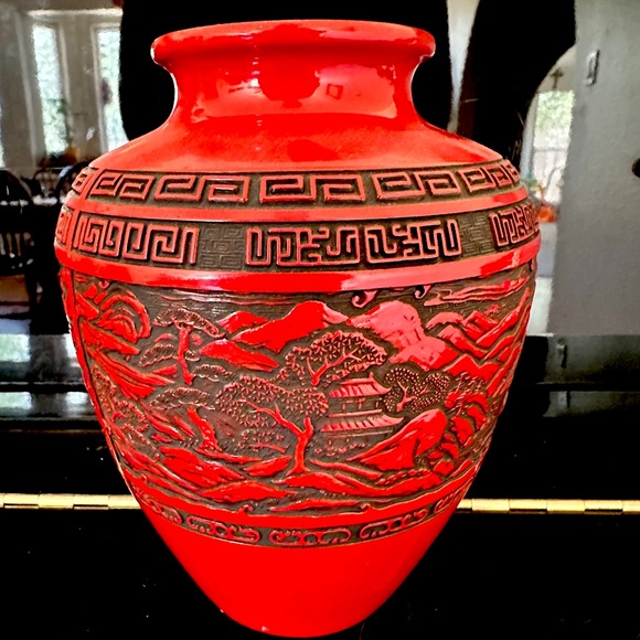 Japanese Flower Vase Red Cinnabar Lacquer Kabin Ikebana Kamakura Bori Ceremony - Picture 8 of 15